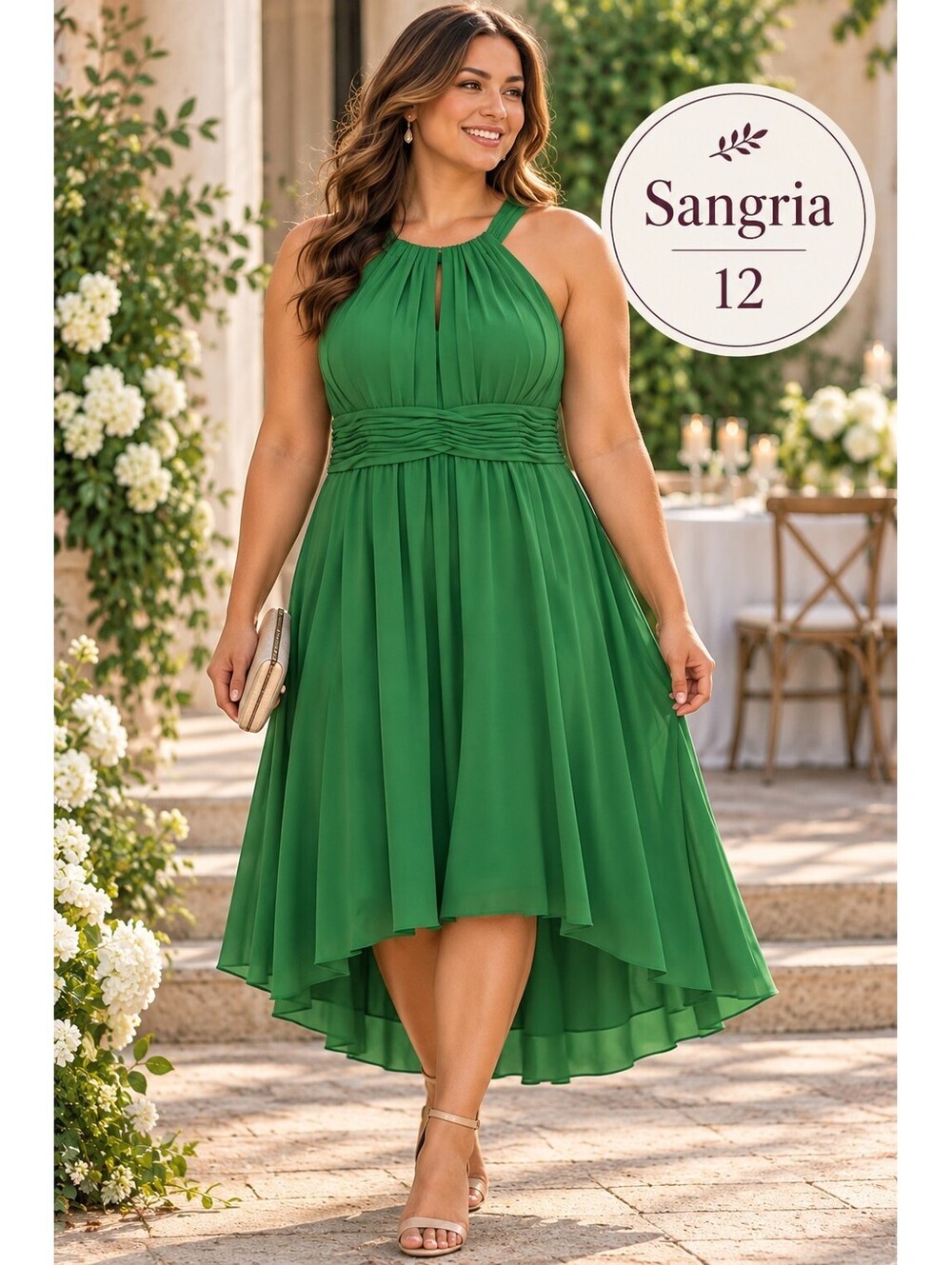 Sangria | 12 | Kelly Green Keyhole Halter Neck High Low Dress